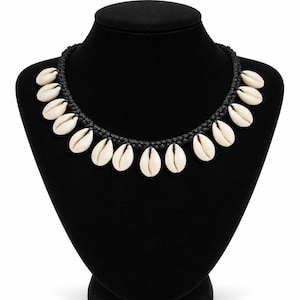 Handmade Cowrie Shell Necklace, Black Cord Choker, Boho Beach Jewelry