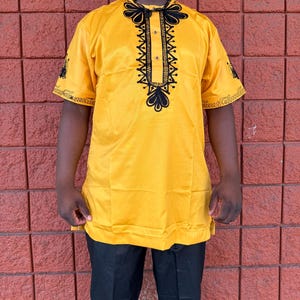 African Dashiki, Yellow with Black Embroidery, Crown Pattern | African Wax Print Short Sleeve Shirt