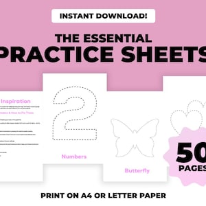 Puede incluir: Gráfico de descarga digital rosa y blanco con el texto "¡DESCARGA INSTANTÁNEA! THE ESSENTIAL PRACTICE SHEETS". Incluye hojas de práctica para números, mariposas y corazones. El gráfico indica "IMPRIMIR EN PAPEL A4 O CARTA".