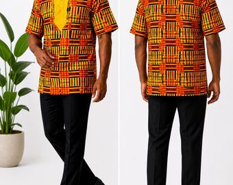 African Dashiki Shirt and Hat Set – Embroidered Ankara Print Clothing