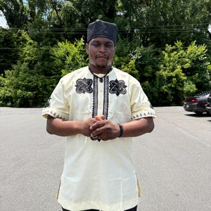 African Print Dashiki Shirt, White with Black Embroidery, Short Sleeve