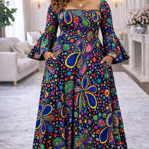knee length dresses for ladies Stylish Printed Pattern Long Prom Dress, White Long Sleeve Evening Par main image 1