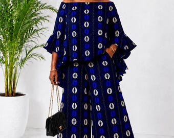 African Print Two-Piece Set – Blue Ankara Ruffle Top Wide-Leg Pants | Plus Size Outfit | Elegant African Clothing for Women