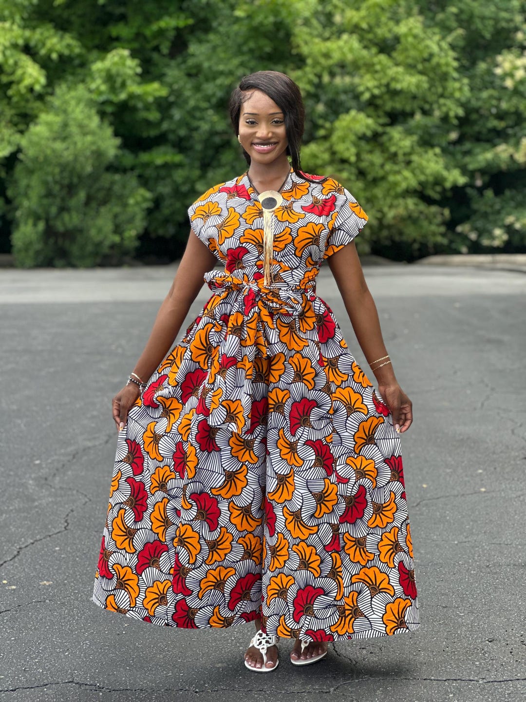 African Lprint Floral Print Jump Suit , African Wax Cap Sleeve, Orange ...