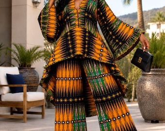 African Print High-Low Top & Wide-Leg Pants Set | Ankara Outfit | Bold Tribal Pattern Two-Piece | Elegant African Attire for Women