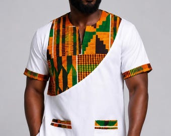 Men African Kente Print Shirt – White Dashiki Top with Traditional Ghanaian Pattern, Short Sleeve Wedding Attire