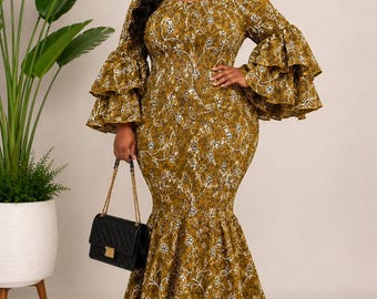 Afrikanskt tryckt elastisk maxiklänning – Senapsfärgad blommig Ankara-klänning med volangärmar, Plus size formell klänning, stretchig festoutfit