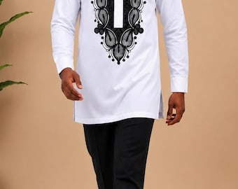 Men White African Embroidered Dashiki Shirt Elegant Long Sleeve Traditional Top