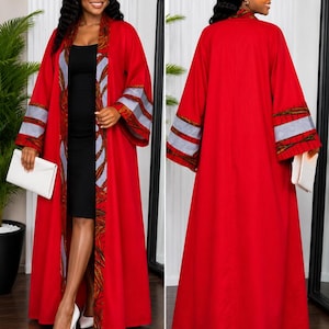 Red African Kimono with Patterned Trim | Elegant Long Sleeve Outerwear | Boho Outfit | Ankara Duster | Modern Ethnic Fashion