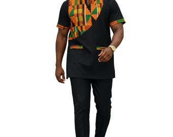 African Men Kente Dashiki Shirt Hat | African Print Men Clothing, Hat might be smaller
