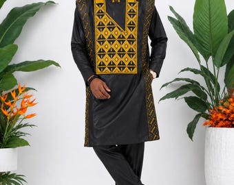 Conjunto africano de 3 piezas estilo senador / Agbada negro y dorado bordado / Atuendo tradicional de boda / Atuendo africano moderno / Ropa de fiesta
