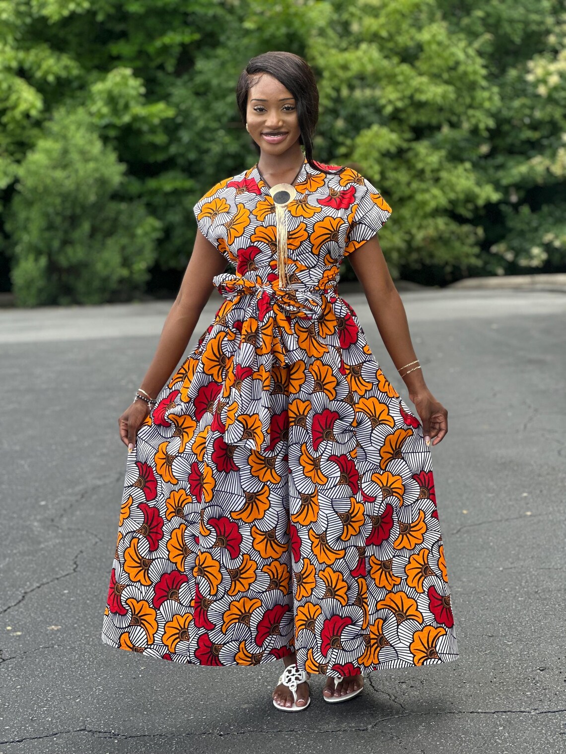 African Lprint Floral Print Jump Suit , African Wax Cap Sleeve, Orange ...