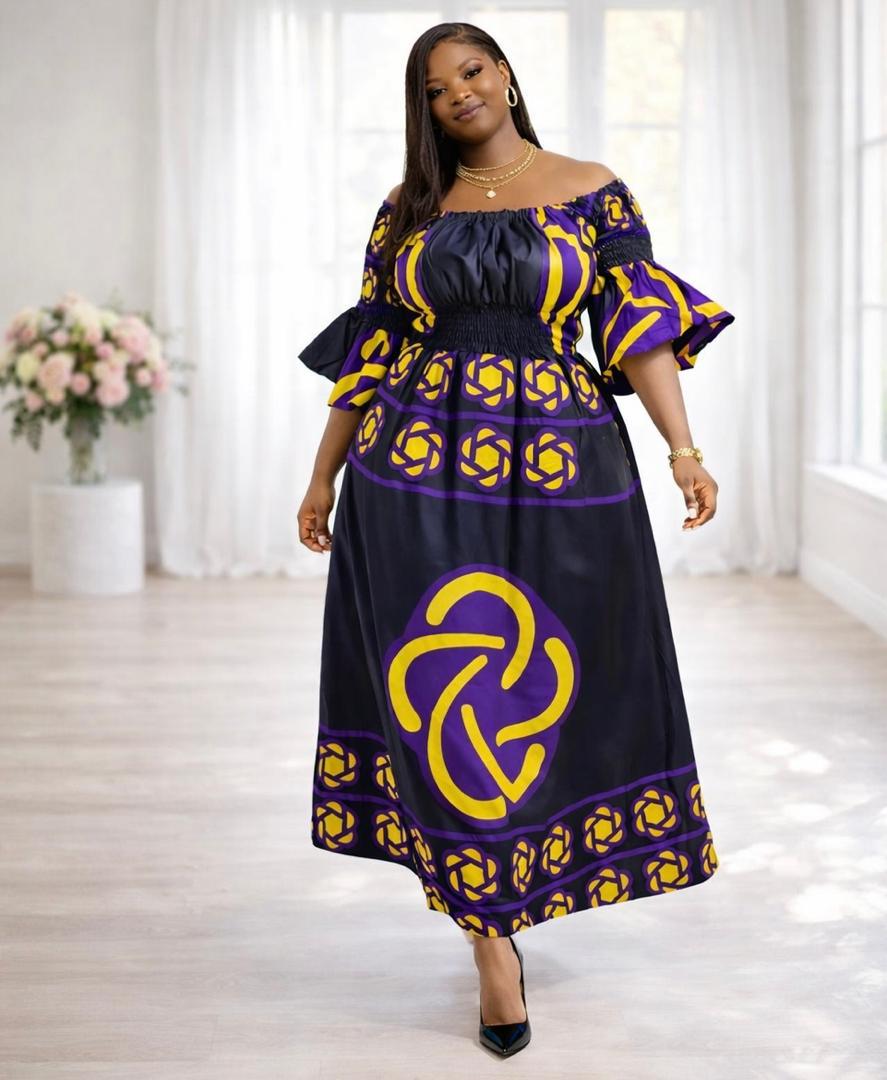 【7/4まで限定SALE】AFRICAN WAX PRINT DRESS African Wax Maxi Dress – Black Yellow Purple Ankara Print Ruffled