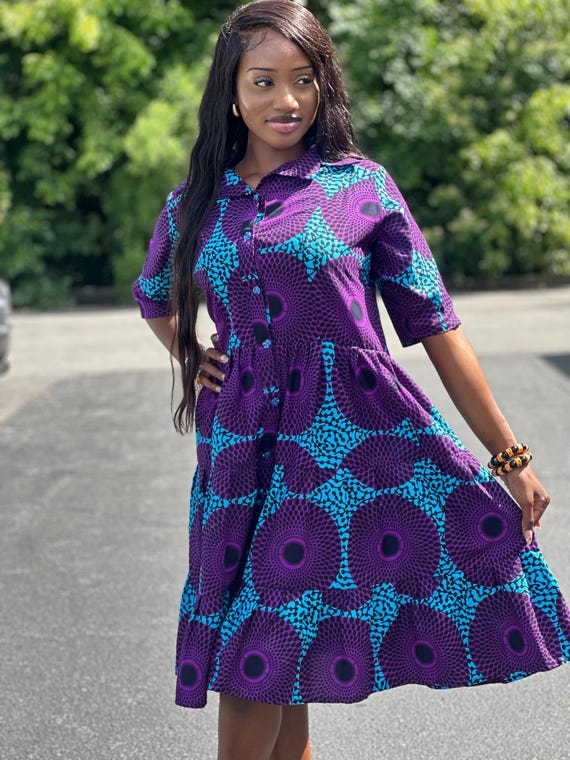 Robe midi à imprimé africain, motif géométrique violet et