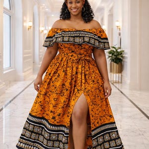 African Orange Maxi Dress - Ruffle Sleeve African Print
