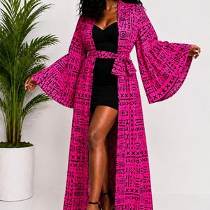 African Print Kimono Robe – Hot Pink Tribal Pattern Long Duster, Boho Festival Cover‑Up, Statement Outerwear for Women