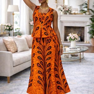 Set van 3 stuks Afrikaanse print, tubejack en rok, assortiment kleding met pauwenveerpatroon | Mode uit Ankara