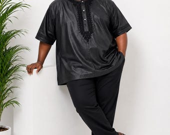 Camisa africana negra bordada para hombre – Camisa Dashiki – Kaftán tradicional de manga corta – Ropa formal.