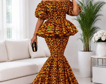 Conjunto africano de falda de sirena Kente con top peplum - Atuendo Ankara para bodas, fiestas y eventos culturales