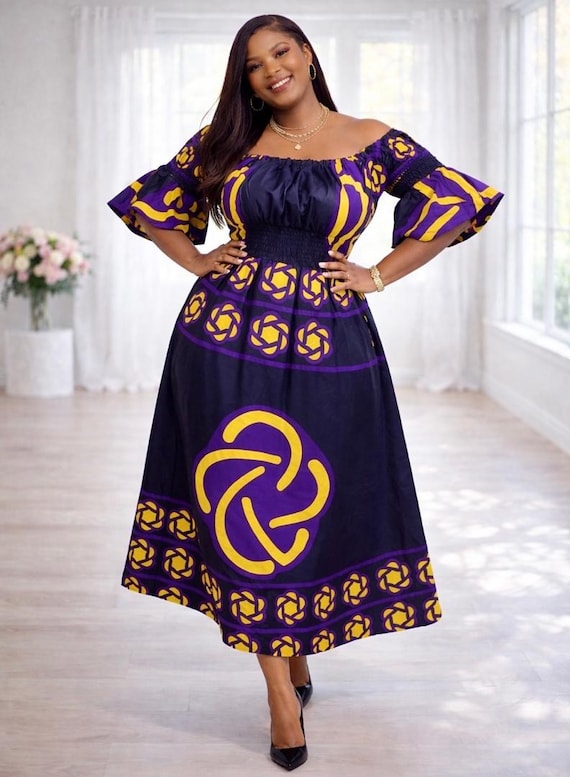 African Wax Maxi Dress – Black Yellow Purple Ankara Print Ruffled