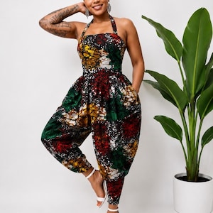 Afrikanskt tryckt halterneckjumpsuit – Djärv Kente-lapptäcke Ankara-jumpsuit för kvinnor, sommarkläder med statement