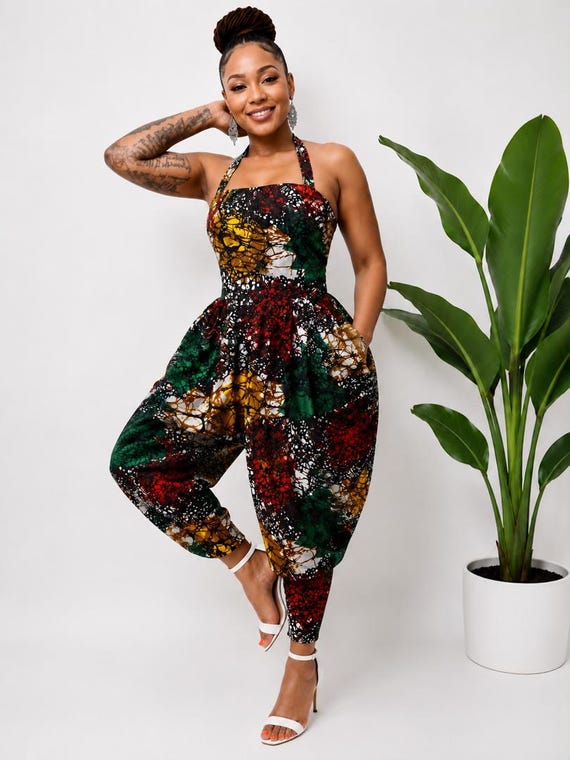 African Print Halter Jumpsuit – Bold Kente Patchwork Ankara Romper for Women, Summer Statement Wear