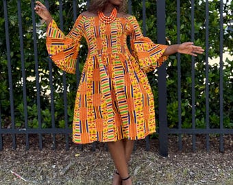 African Print Dress with Bell Sleeves, Kente Pattern, Headwrap Included, Green and Orange