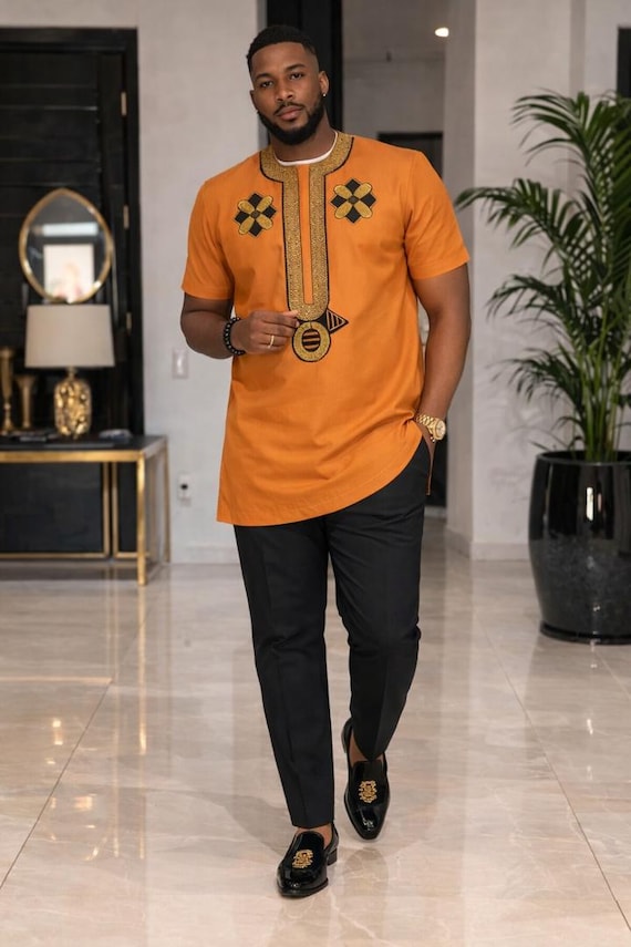 African Men’s Embroidered Orange Dashiki Shirt | Traditional African Clothing | Handmade Cultural Fashion Top