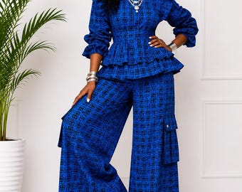 Conjunto de dos piezas con estampado africano azul intenso / Top peplum con volantes y pantalones de pierna ancha / Conjunto Ankara / Ropa africana elegante