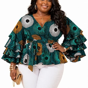 African Print Green Wrap Blouse | Peplum Top with Ruffle Sleeves | Ankara Style Women Clothing