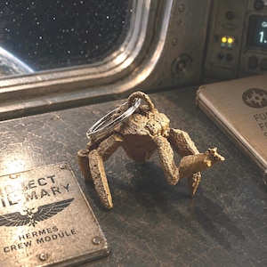 May include: A detailed keychain in the shape of a crab, made of a bronze-colored material, sits on a metallic surface. The keychain is attached to a silver ring. In the background, a book with the text "FUEL. FOOD. SLEEP. AMAZE." is visible.