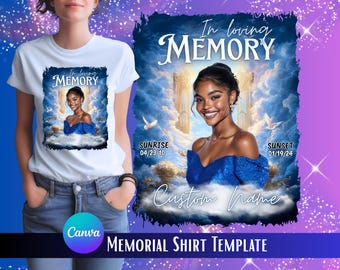 Puede incluir: Camiseta blanca con un diseño conmemorativo. El diseño presenta un retrato de una mujer con un vestido azul, sobre un fondo de nubes y pilares dorados. El texto incluye "In loving Memory", "Sunrise", "Sunset" y "Custom Name".