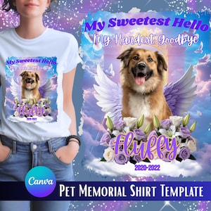 Puede incluir: Camiseta blanca con un diseño conmemorativo de mascotas. El diseño incluye un perro con alas de ángel, flores y el texto "My Sweetest Hello, My Hardest Goodbye". También se incluye el nombre del perro, "Fluffy", y las fechas.