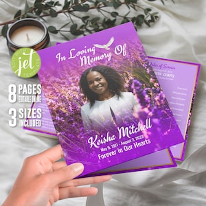 Purple Lavender Funeral Template - Elegant Obituary Program Digital Download - Remembrance Ceremony Design - Printable Funeral Service