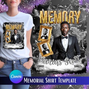 May include: White t-shirt featuring a memorial design with the text "In Loving Memory" and the name "Darius Scott." The design includes framed portraits and dates. The shirt is a memorial shirt template.
