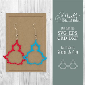 May include: Two pairs of earrings, one red and one blue, are displayed on a brown card. The earrings are laser cut and have a delicate, intricate design. The card also features the text "Axel's Digital Eden", "Laser Ready Files", "SVG EPS CRD DXF", and "Easy Process Score & Cut".