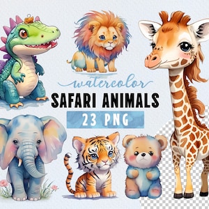 Cute Safari Animals Clipart  PNG Bundle - Watercolor Whimsical Jungle Adventures - Kawaii Zoo Animal Illustrations - DIY Jungle Party Decor