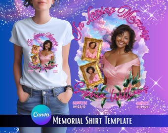 May include: White t-shirt featuring a memorial design with a portrait of a woman in a pink dress, framed by gold ornate frames. The design includes the text "In Loving Memory" and the name "Sophia Williams". The shirt is a memorial shirt template.
