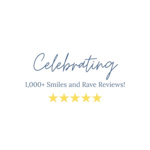 May include: White background with the text "Celebrating 1,000+ Smiles and Rave Reviews!" in blue script. Below the text are five yellow stars, representing a five-star rating.