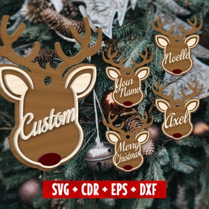 Ornamento natalizio personalizzato con nome di Babbo Natale e renna in formato SVG, pallina di Natale personalizzata in formato SVG, etichetta regalo di Natale in formato SVG, file tagliato al laser, file Glowforge