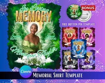 In Loving Memory Shirt PNG Bundle, Heavenly Shirt Design, Green RIP Design, Funeral Tribute, Canva Editable, Free Button Pin Template, DTF