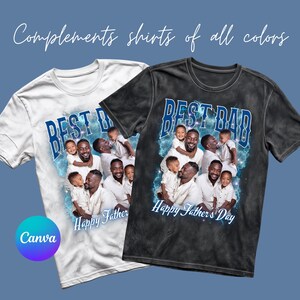 May include: Two t-shirts, one white and one black, featuring a photo of a father and children. The text "BEST DAD" is in blue, and "Happy Father's Day" is below the photo. The shirts have a vintage style.