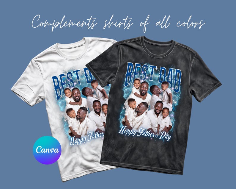 May include: Two t-shirts, one white and one black, featuring a photo of a father and children. The text "BEST DAD" is in blue, and "Happy Father's Day" is below the photo. The shirts have a vintage style.