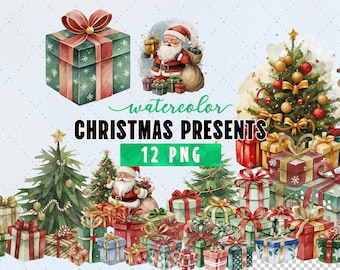 Watercolor Christmas Presents Png Bundle, Presents Clipart, Cute Gifts Clipart, Png Sublimation File, Transparent Background, Commercial Use