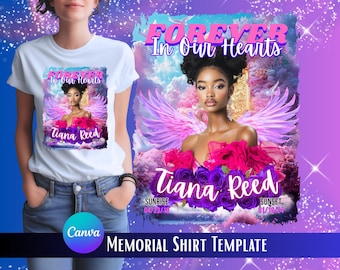 Puede incluir: Camiseta blanca con un diseño conmemorativo. El diseño incluye el texto "Forever In Our Hearts", una imagen de una mujer con alas de ángel, el nombre "Tiana Reed" y fechas. El texto "Memorial Shirt Template" está en la parte inferior.