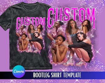 以下が含まれることがあります： ピンク色の「CUSTOM」グラフィックと女性の写真コラージュが特徴の黒いTシャツ。シャツのデザインには、下部に「BOOTLEG SHIRT TEMPLATE」というテキストが含まれています。背景は紫と白のデザインです。