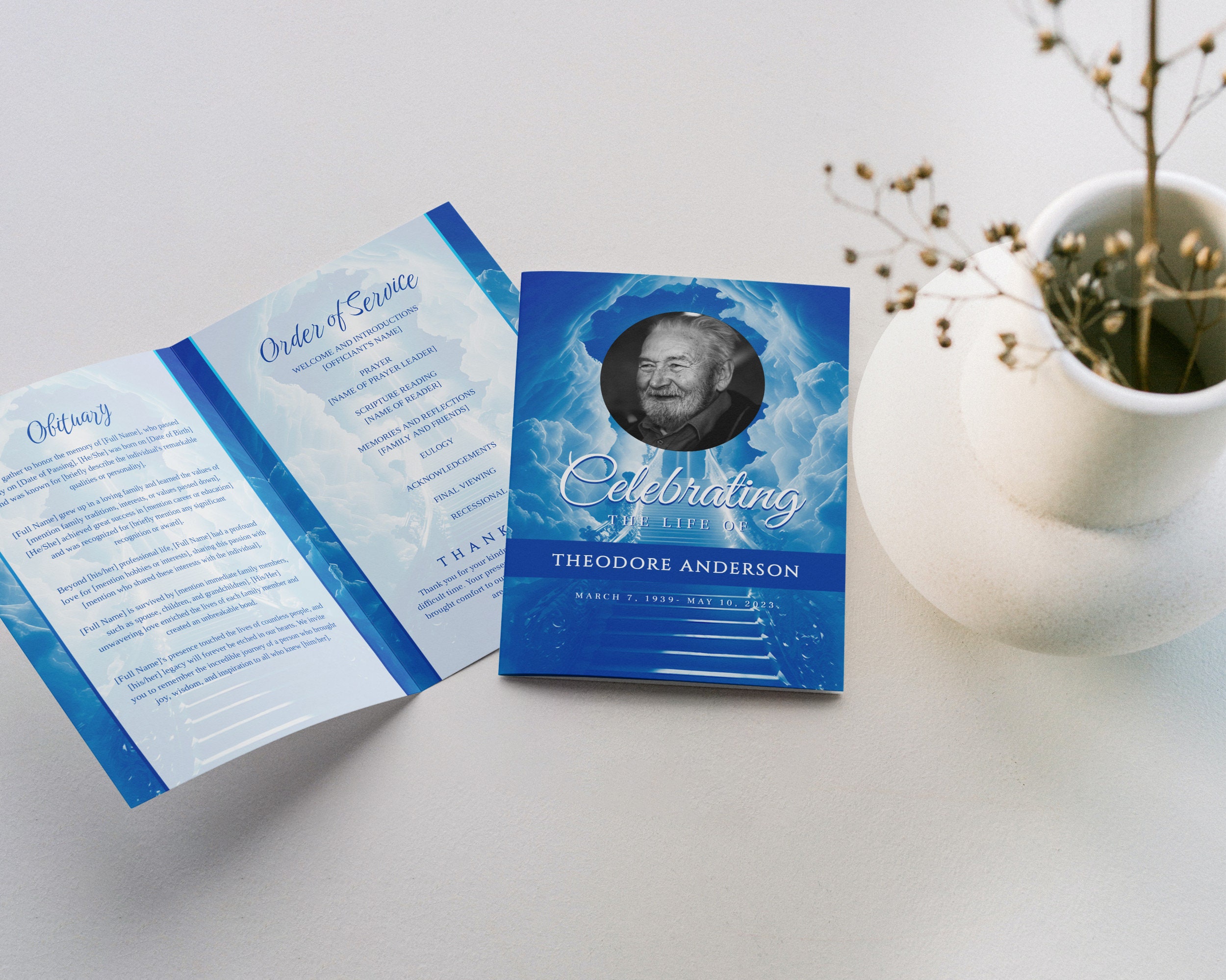 Stairway to Heaven Obituary Template Blue Funeral Announcement Editable