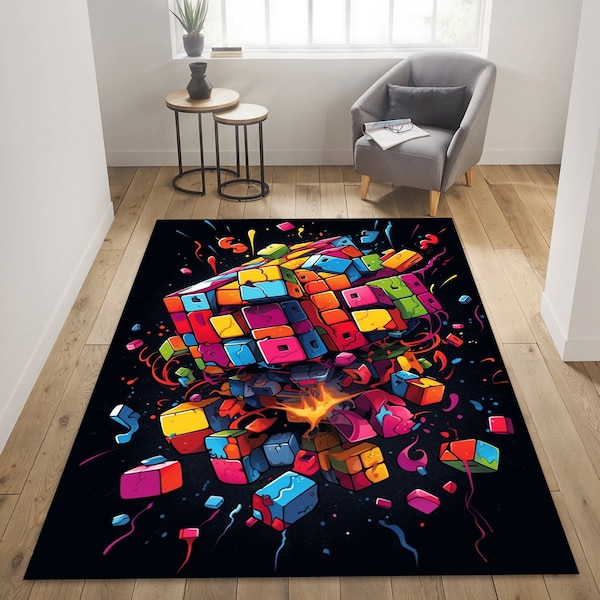Gaming Room Rug,  Colorful Rug, Rubik's Cube, Rubik's Cube Rug,  Gamer Rug, Neon Look Rug, modern rug, handmade gift, colorful rug
