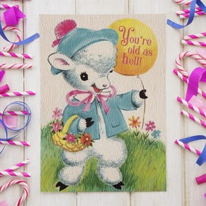 VIEUX COMME L'ENFER | Carte d'anniversaire - mignonne, drôle, insulte, humour vieillissant, vintage, fête, rétro, mouton, carte de voeux