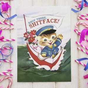 OH LÀ ! | Adorable carte d'anniversaire rétro vintage chat marin rigolote